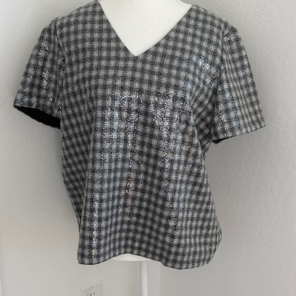 Draper James sequined Gray Plaid V-Neck Women's Top NWOT